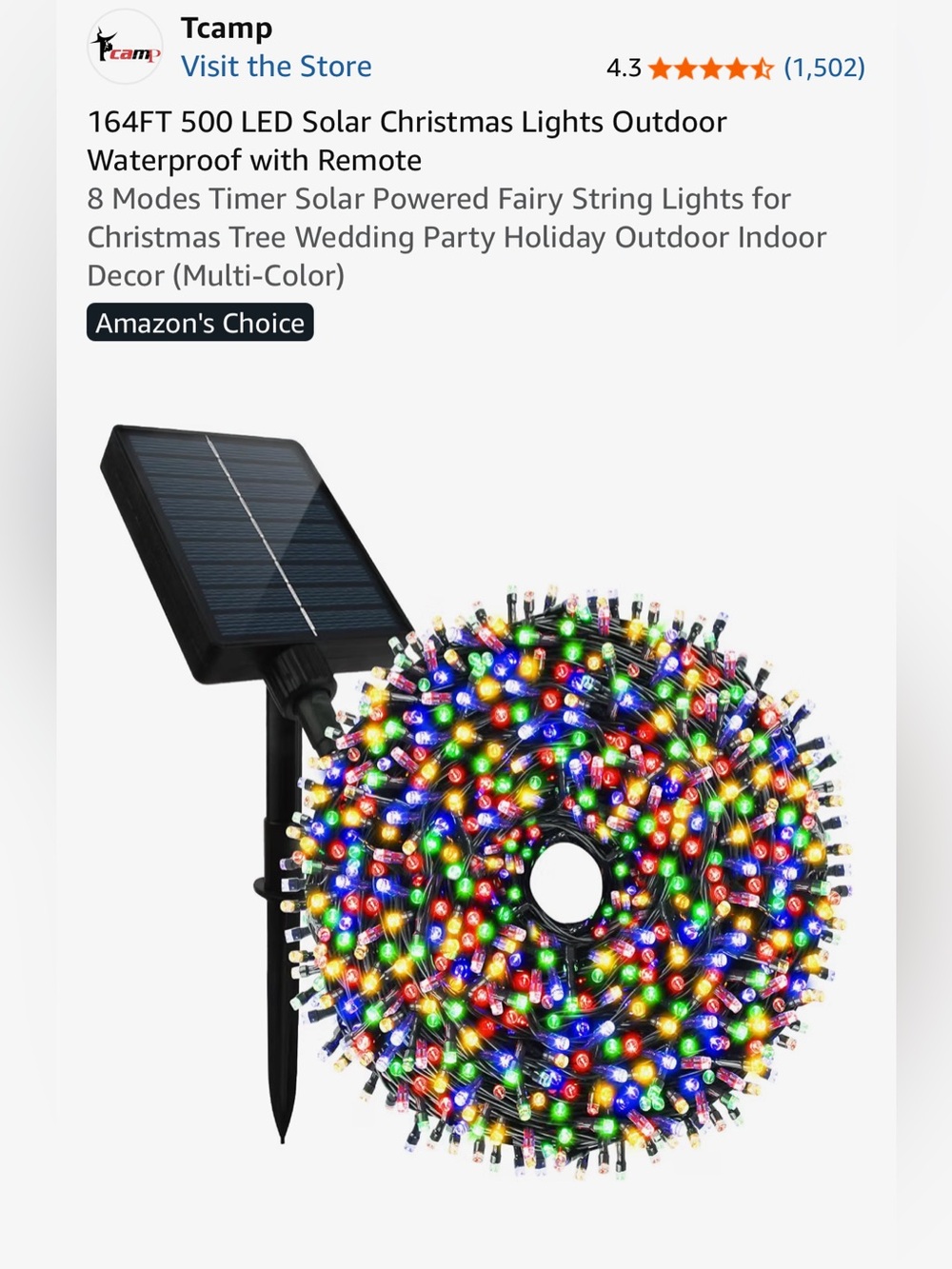 2 sets of 164ft - 500 LED Solar Multi-color Waterproof Outdoor Christmas Lights
